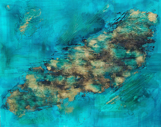 Turquoise, teal gold and black textured hand painted canvas, abstract style called island life. Julie Bevan Art