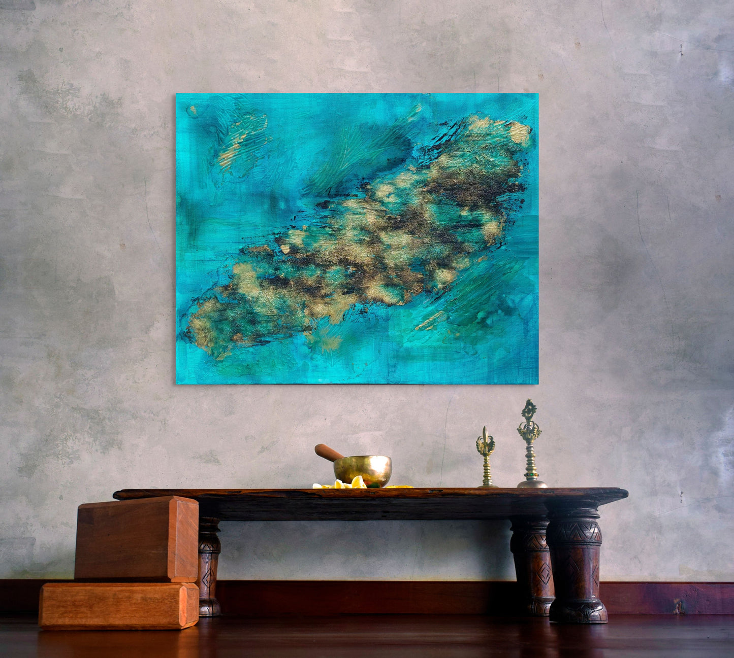 Turquoise gold and black textured hand painted canvas, abstract style called island life. Julie Bevan Art