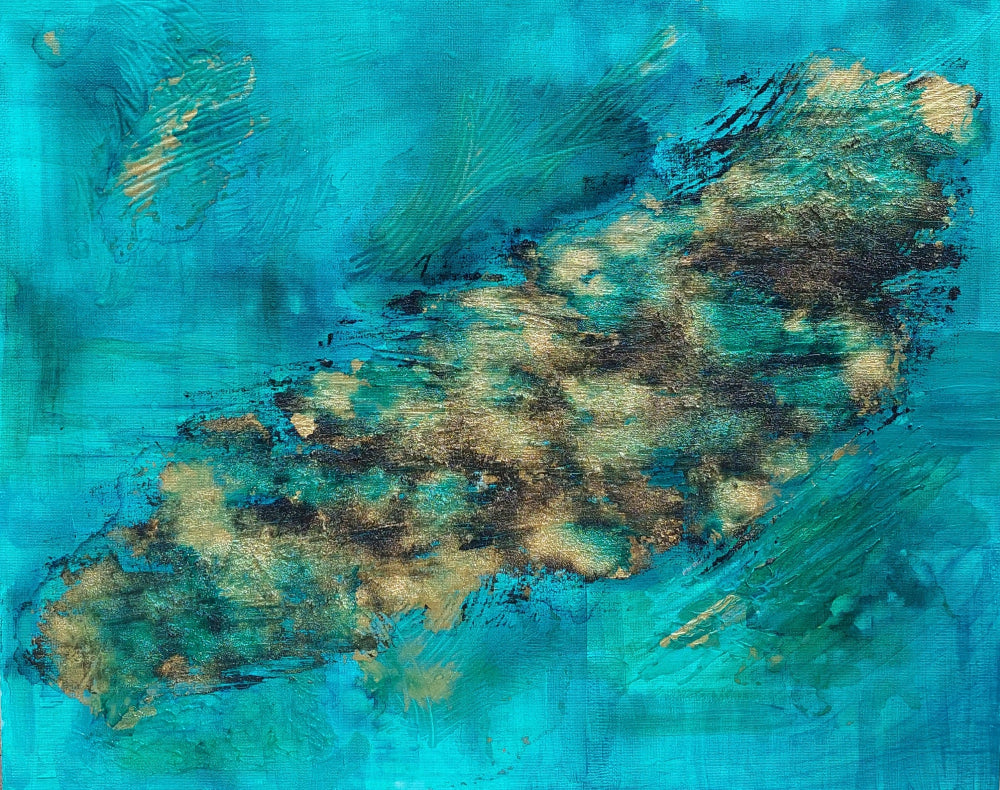 Abstract art with teal, gold, and brown colors