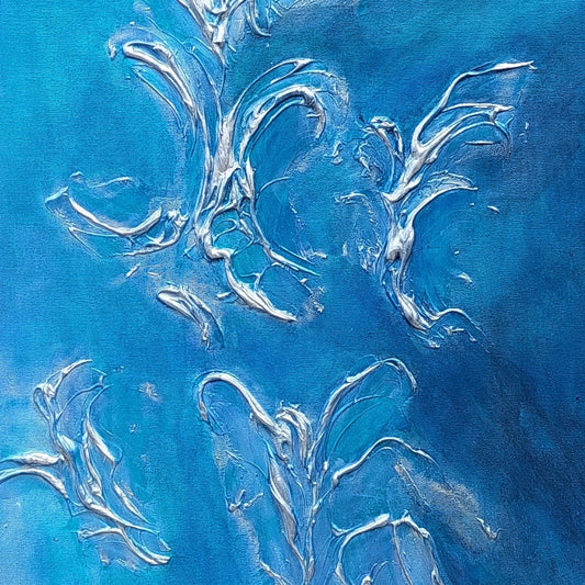 Original canvas painting, with blue and silver abstract Angel shaped texture, living room wall art