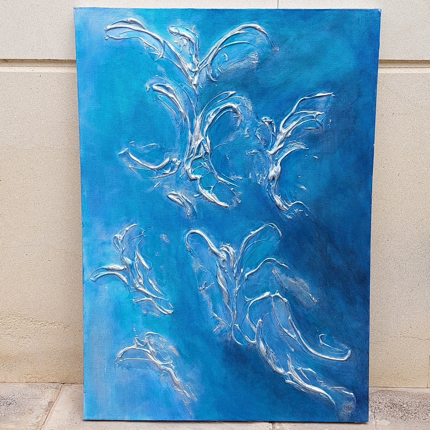 Original canvas painting, with blue and silver abstract Angel shaped texture, living room wall art