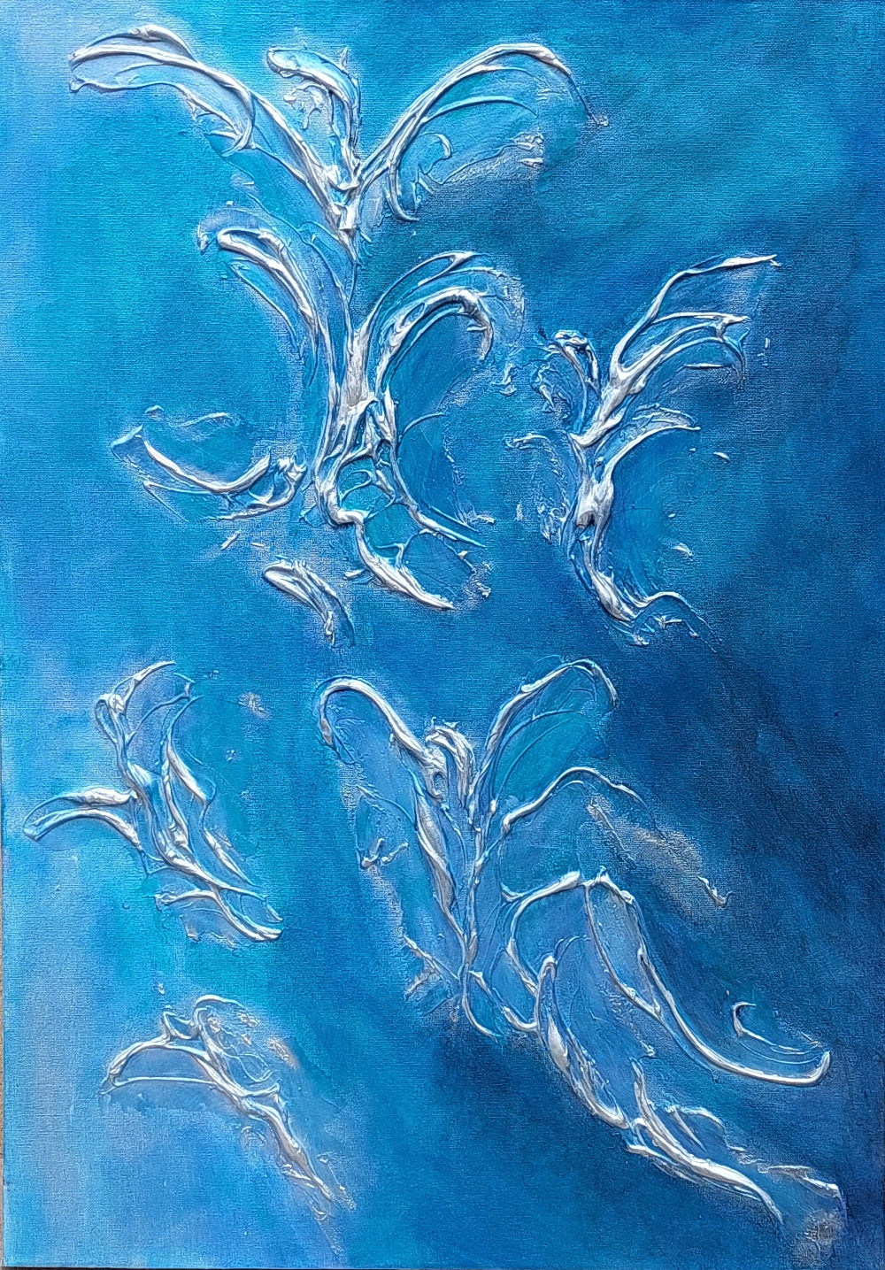 Original canvas painting, with blue and silver abstract Angel shaped texture, living room wall art