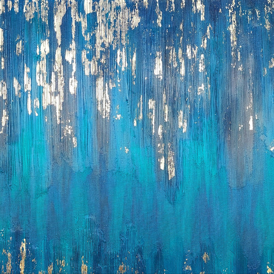 Blue Zone Acrylic painting with gold leaf, living room wall art