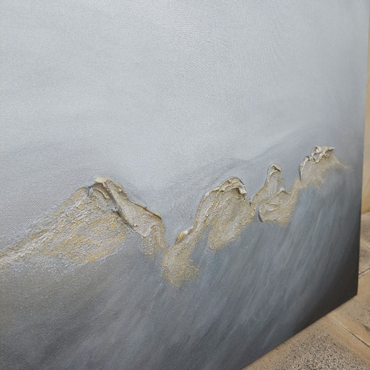 Acrylic & ink canvas art, abstract seascape close up grey, gold, black metallic, living room wall art