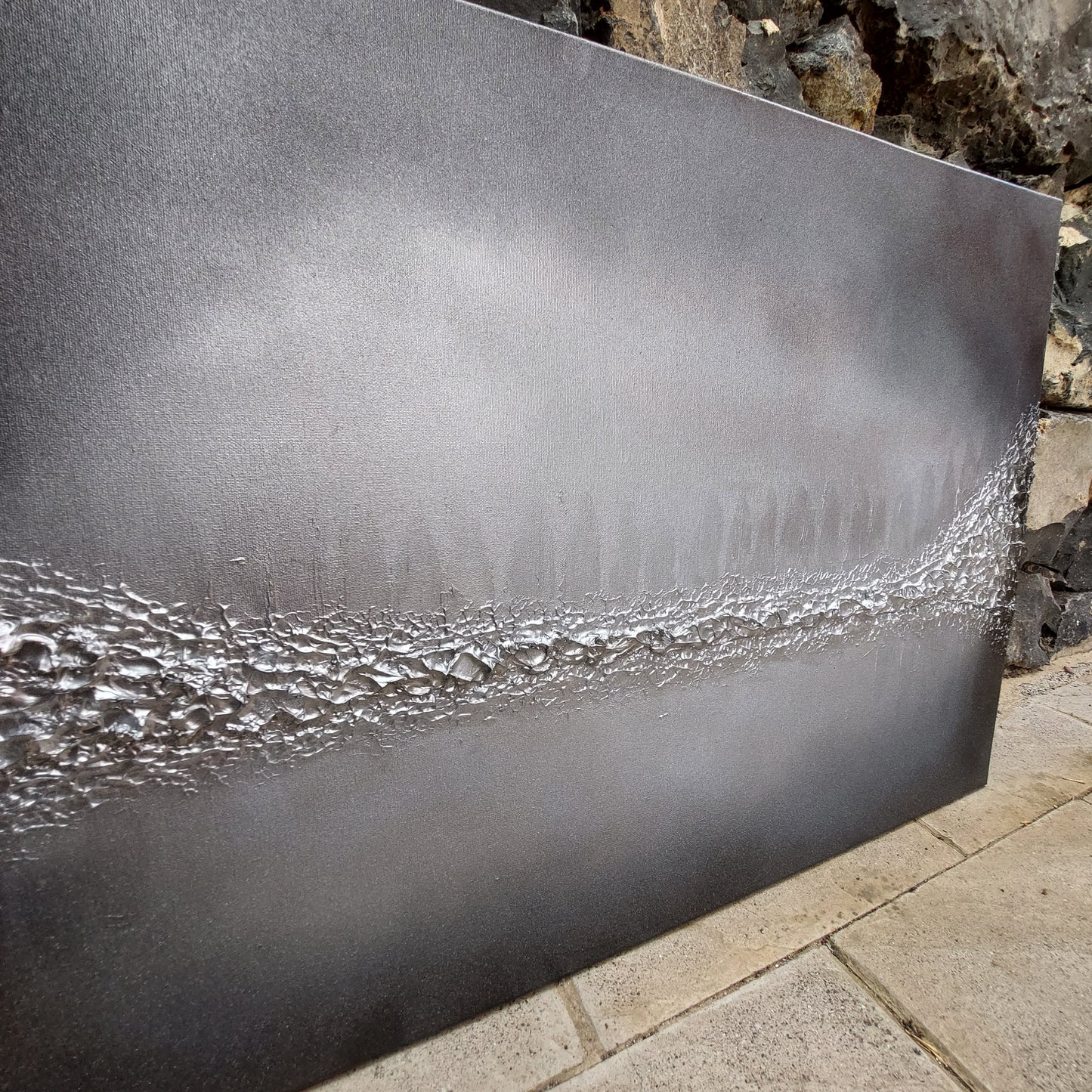 Grey and silver textured original abstract canvas painting, lakeshore by julie bevan art