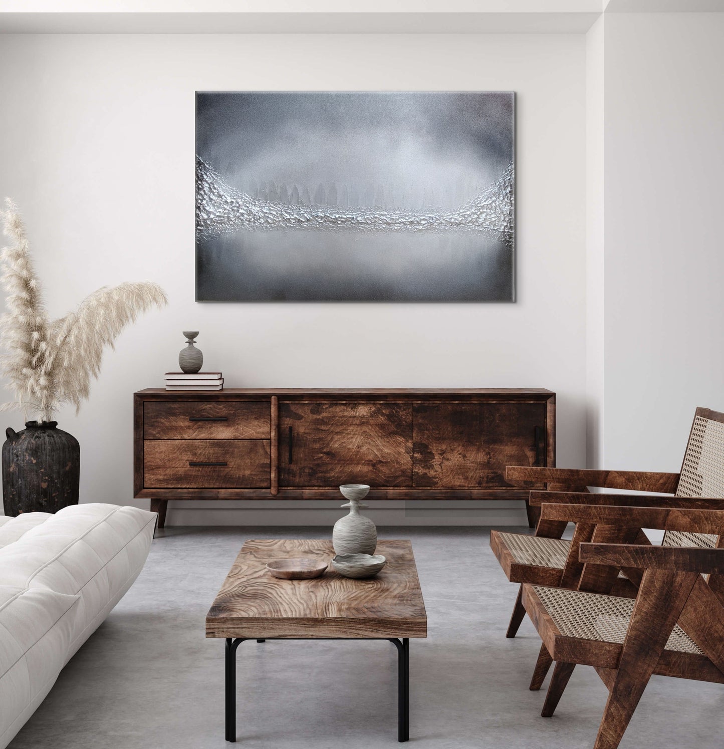 Grey and silver textured original abstract canvas painting, lakeshore by julie bevan art