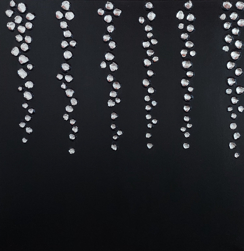silver Droplets | Abstract Textured Silver & Black Canvas Artwork | Minimalist Black Art | Contemporary Silver Leaf | Textured Hand Painted Canvasand black droplets on canvas
