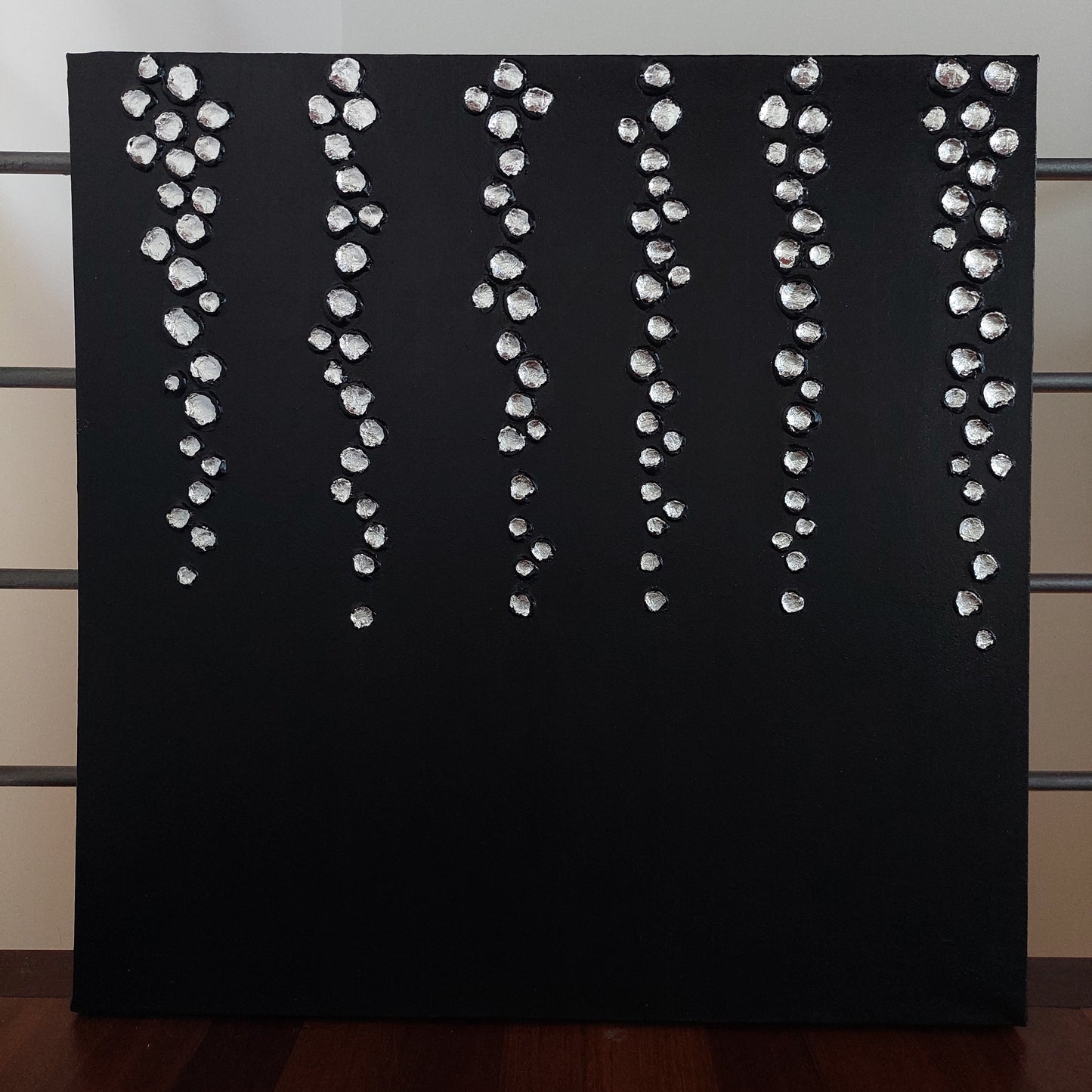 silver Droplets | Abstract Textured Silver & Black Canvas Artwork | Minimalist Black Art | Contemporary Silver Leaf | Textured Hand Painted Canvas and black droplets on canvas