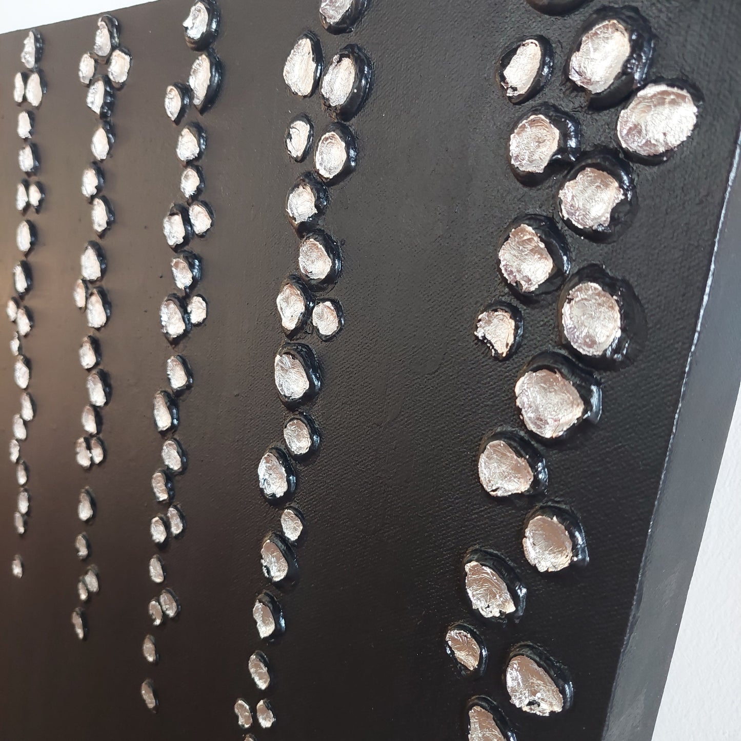 silver Droplets | Abstract Textured Silver & Black Canvas Artwork | Minimalist Black Art | Contemporary Silver Leaf | Textured Hand Painted Canvas and black droplets on canvas