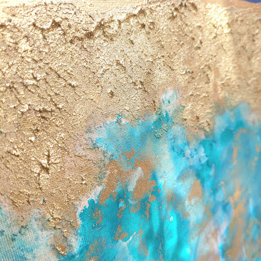 Original textured abstract seascape called atoll, blue gold and turquoise living room wall art