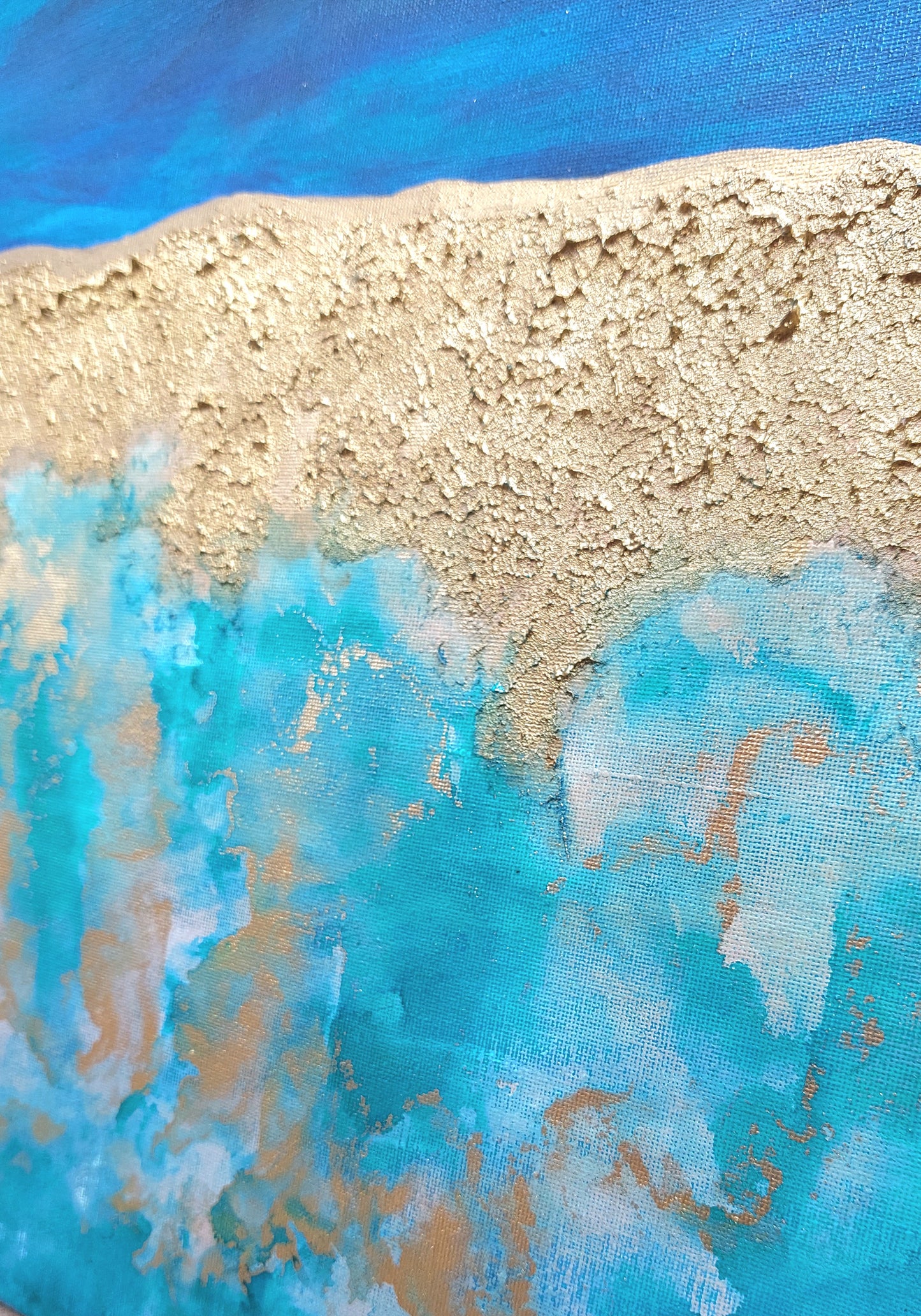 Original textured abstract seascape called atoll, blue gold and turquoise living room wall art