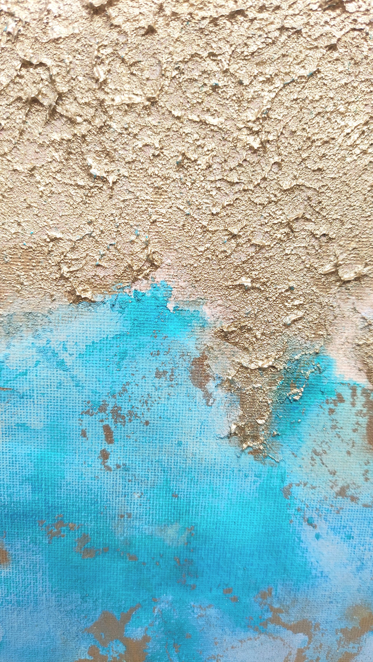 Original textured abstract seascape called atoll, blue gold and turquoise living room wall art