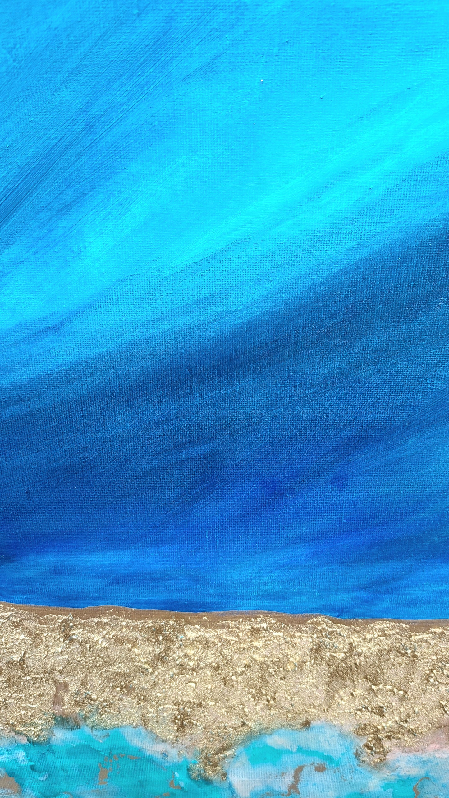Original textured abstract seascape called atoll, blue gold and turquoise living room wall art