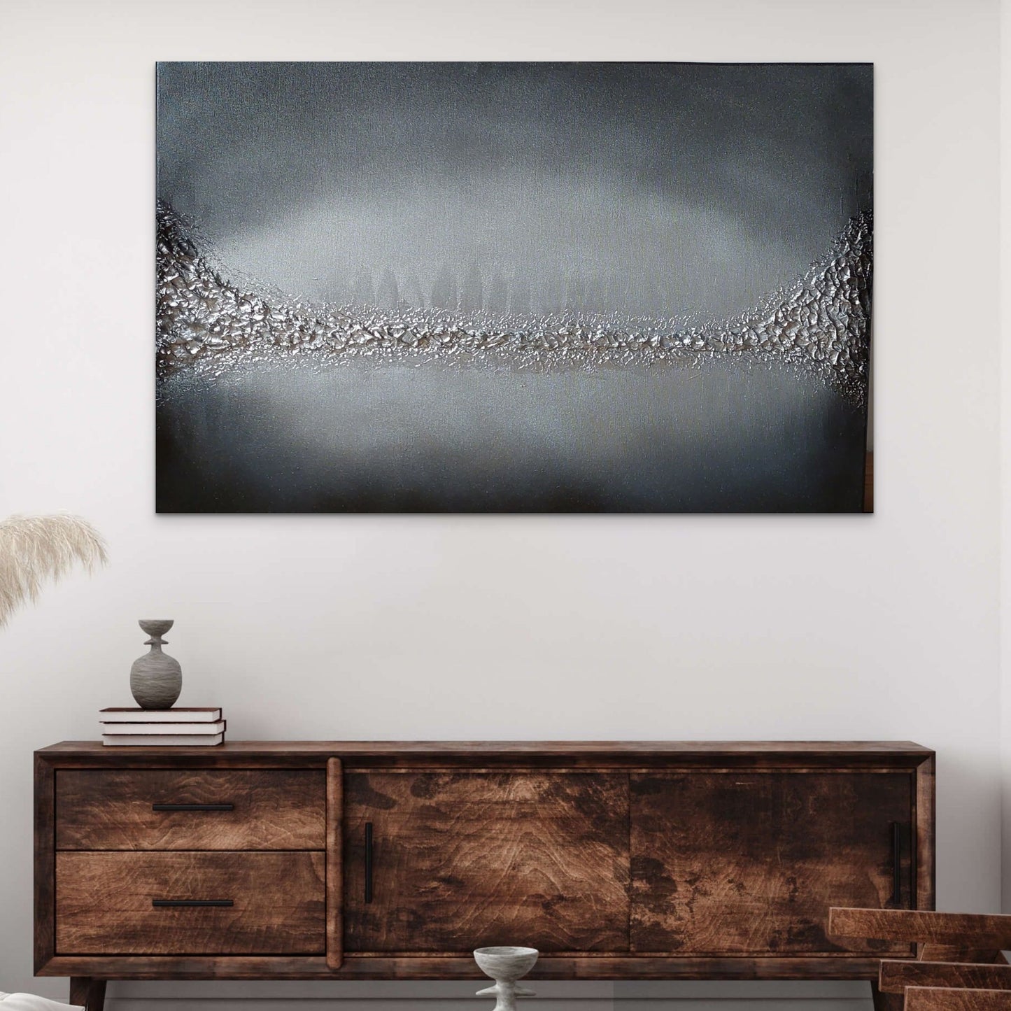 Grey and silver textured original abstract canvas painting, lakeshore by julie bevan art