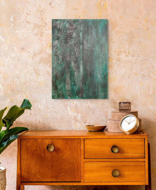 Original acrylic textured canvas painting. Greens, black, and grey abstract bedroom wall art