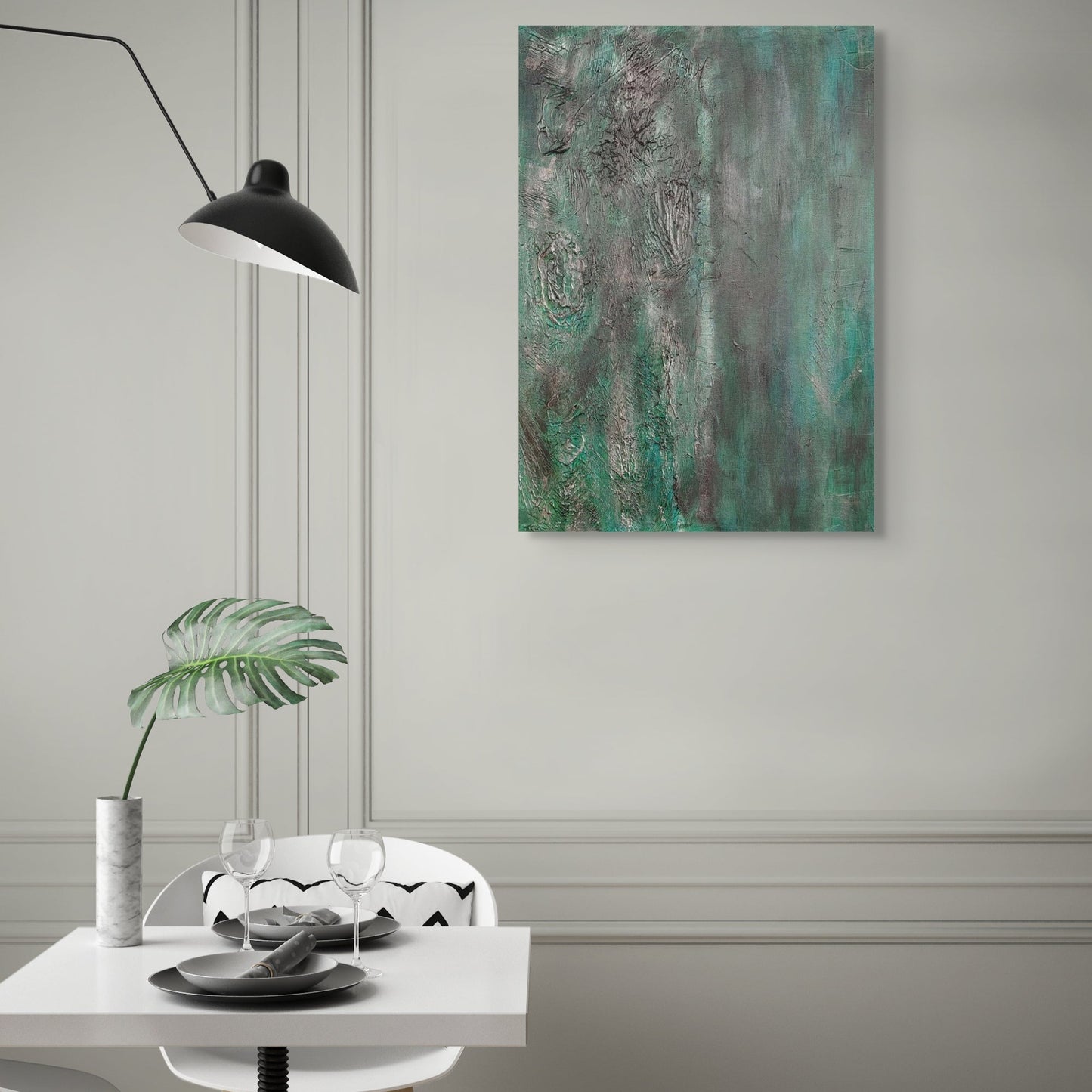 Original acrylic textured canvas painting. Greens, black, and grey abstract living room wall art