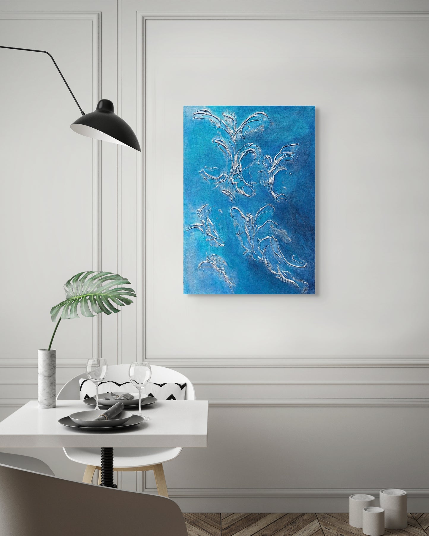 Original canvas painting, with blue and silver abstract Angel shaped texture, living room wall art