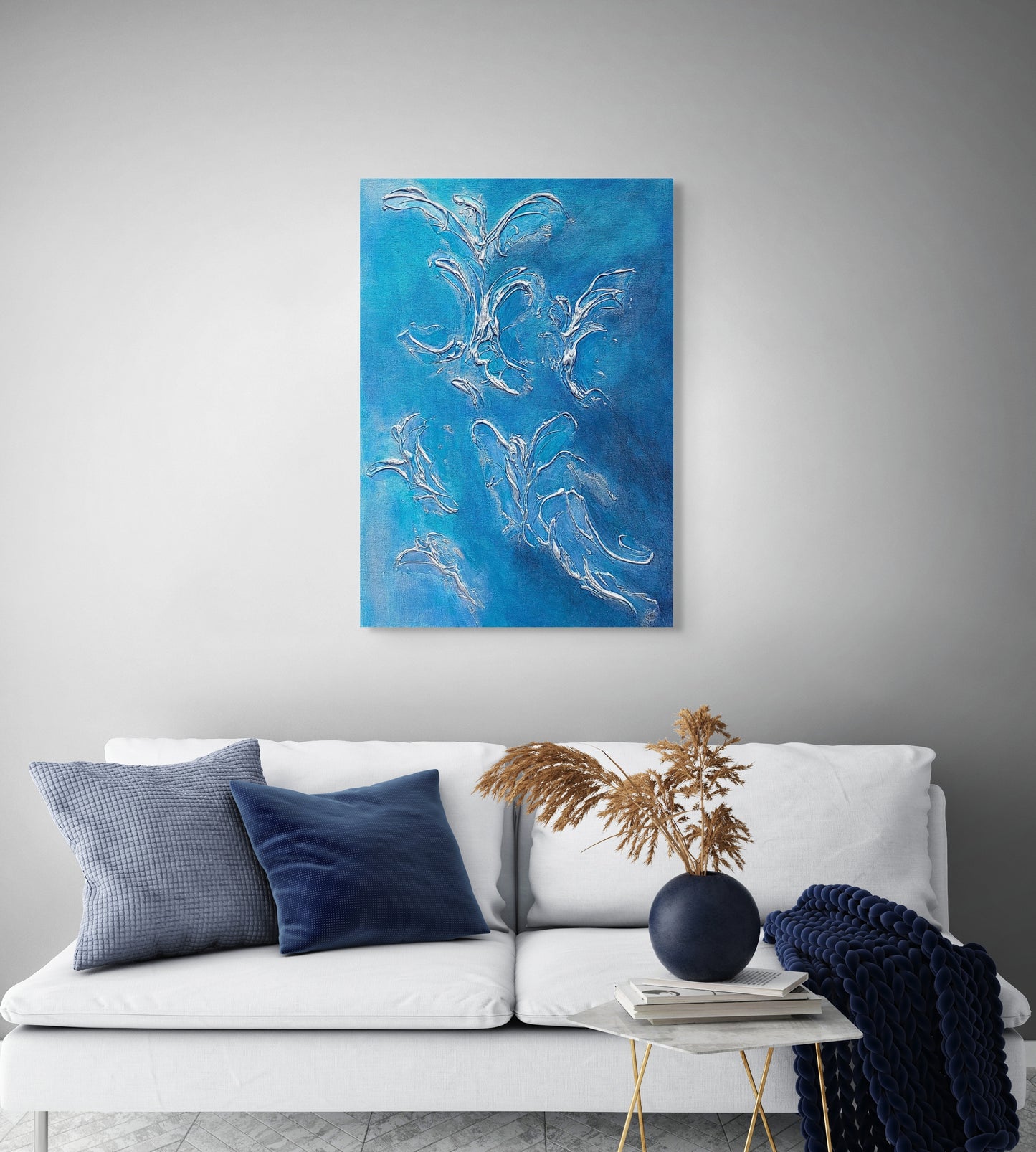 Original canvas painting, with blue and silver abstract Angel shaped texture, living room wall art