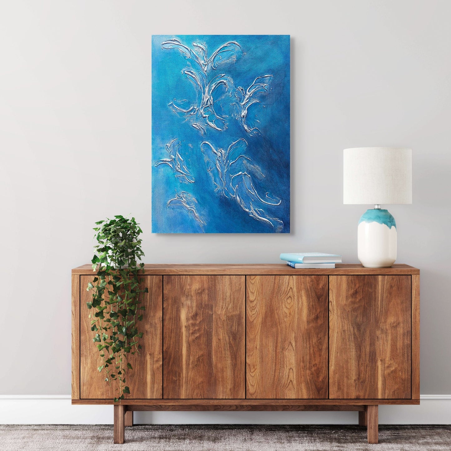 Original canvas painting, with blue and silver abstract Angel shaped texture, living room wall art