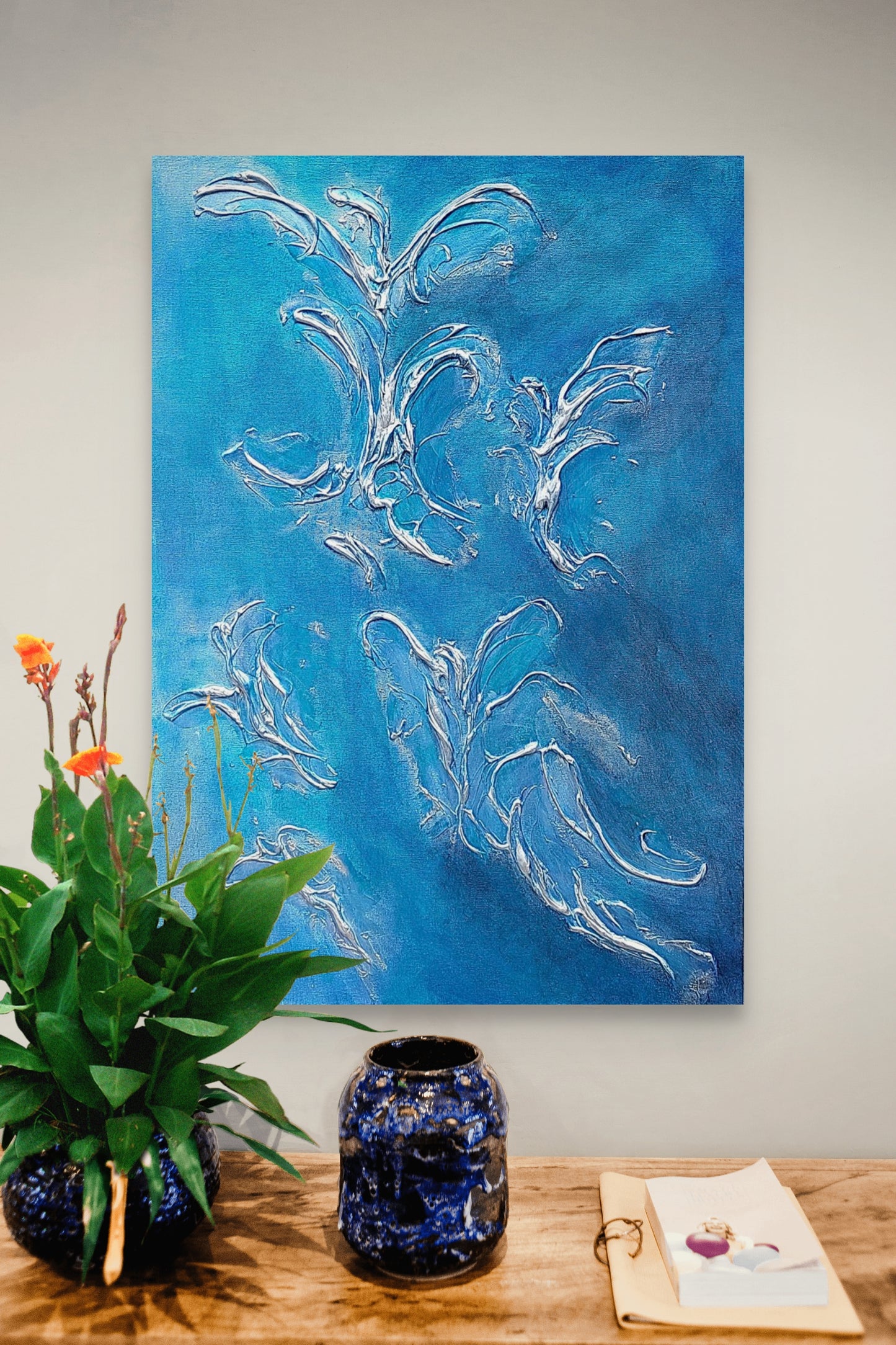 Original canvas painting, with blue and silver abstract Angel shaped texture, living room wall art