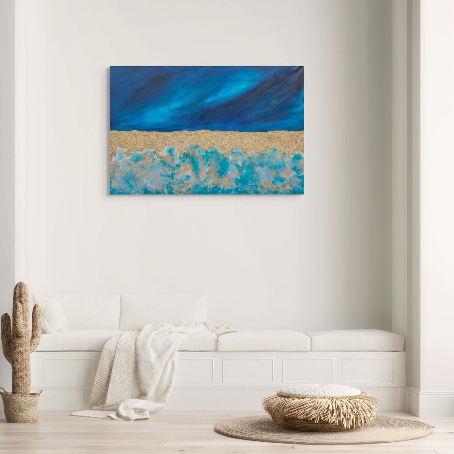 Original textured abstract seascape called atoll, blue gold and turquoise living room wall art