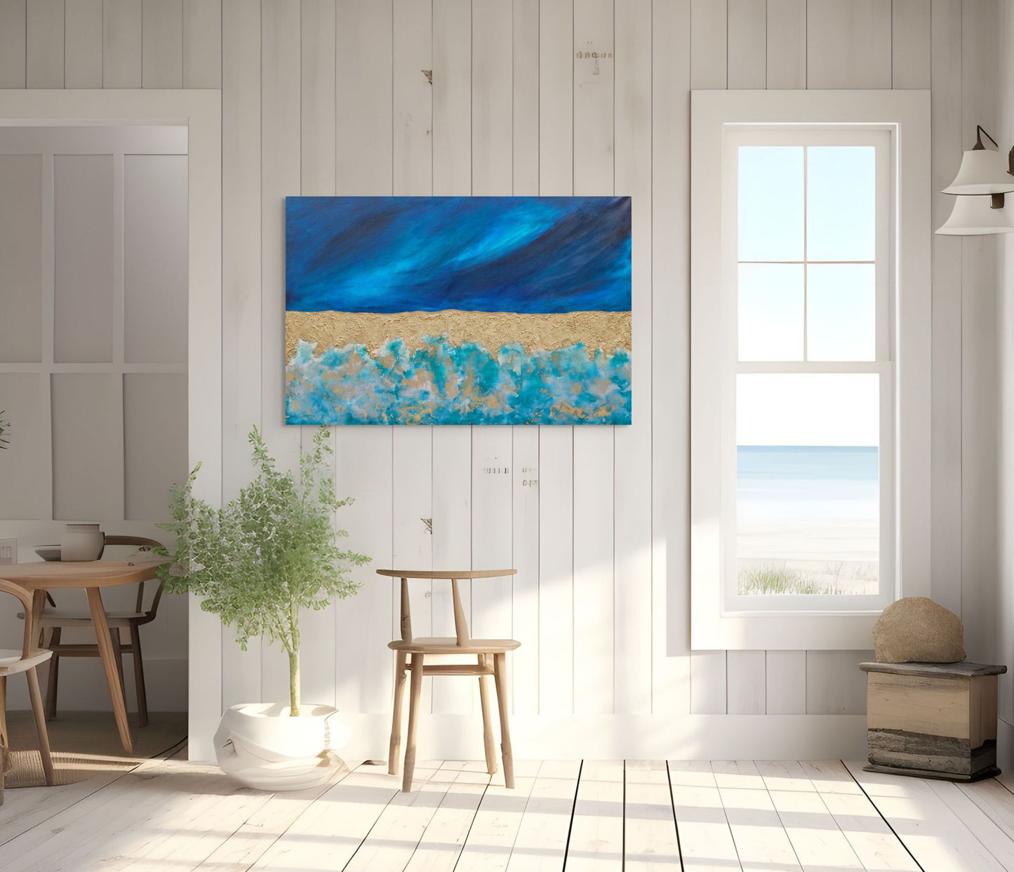 Original textured abstract seascape called atoll, blue gold and turquoise living room wall art