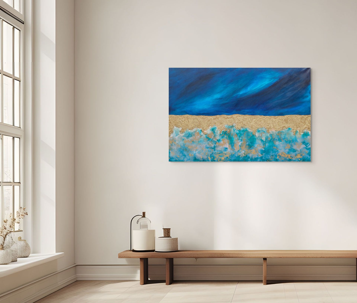 Original textured abstract seascape called atoll, blue gold and turquoise living room wall art