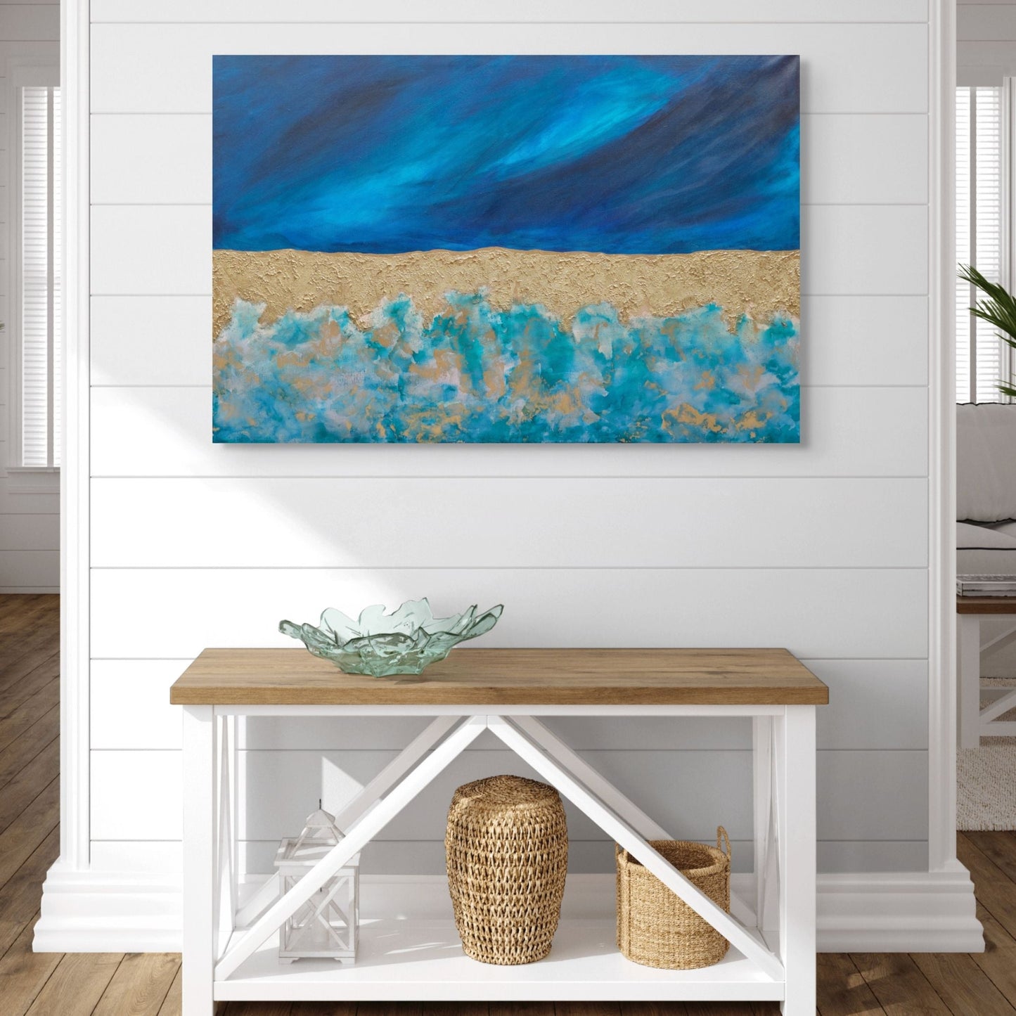 Original textured abstract seascape called atoll, blue gold and turquoise living room wall art