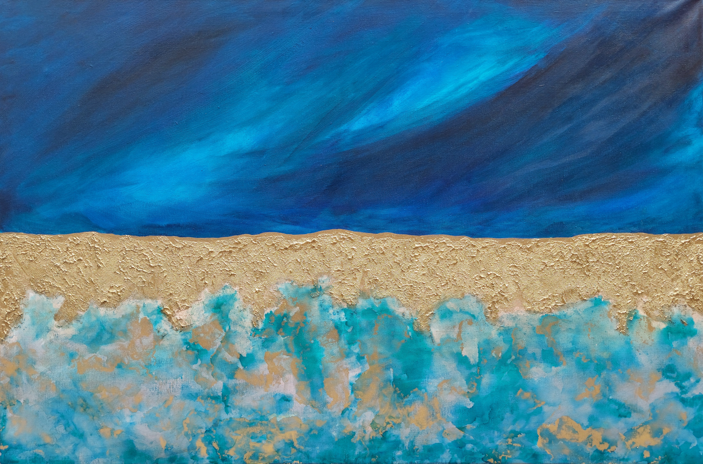 Original textured abstract seascape called atoll, blue gold and turquoise living room wall art