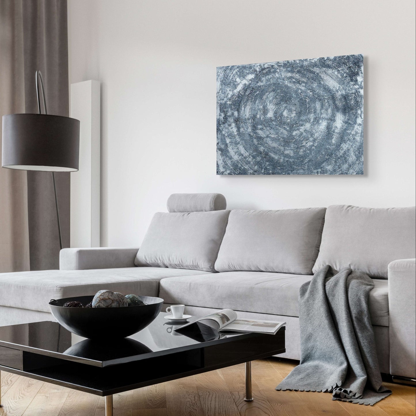 Black, grey & silver acrylic painting, swirling textures