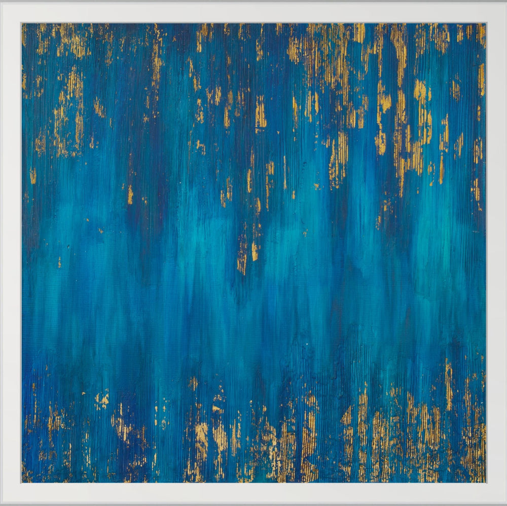 Abstract art piece with blue and gold colors
