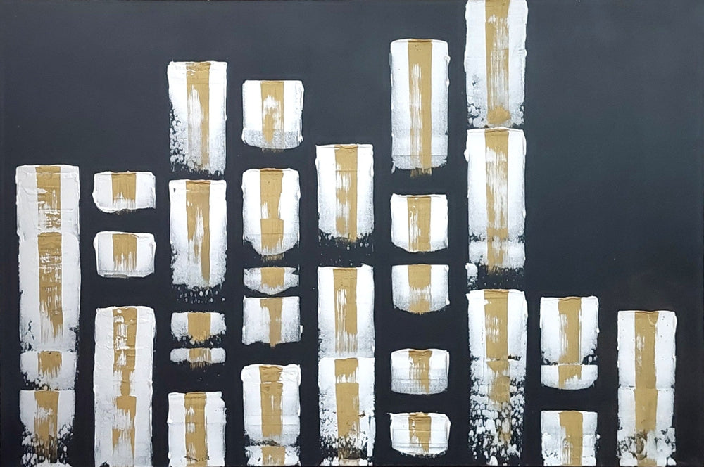 Black white and gold textured large Abstract cityscape painting
