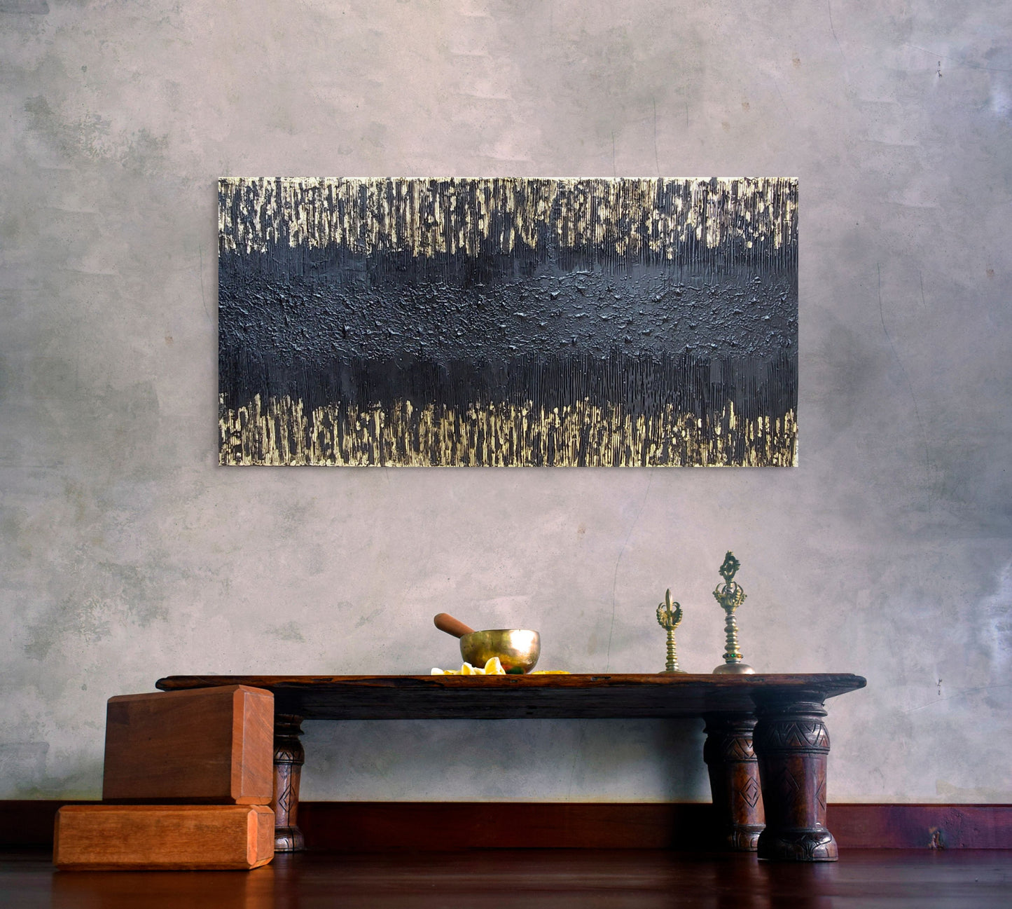 Abstract black and gold textured canvas painting