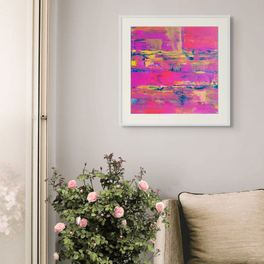 Vibrant pink and gold art print titled Denim