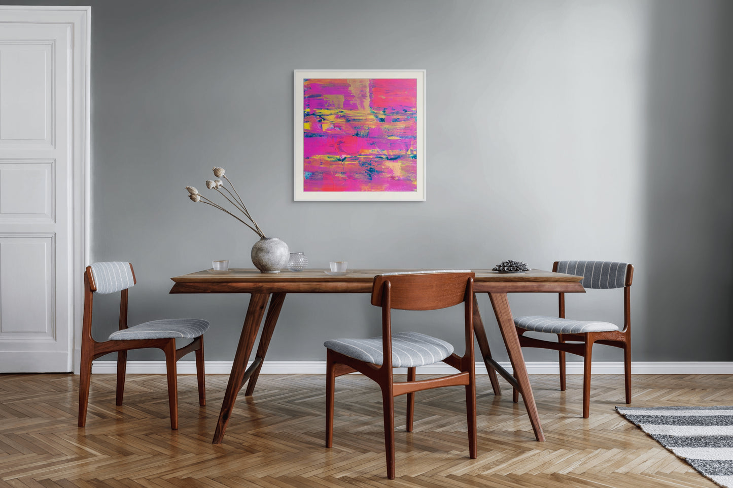 Vibrant pink and gold art print titled Denim