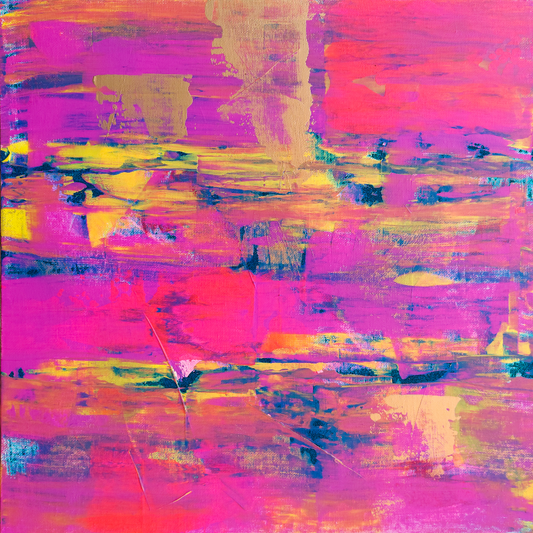 Vibrant pink and gold art print titled Denim