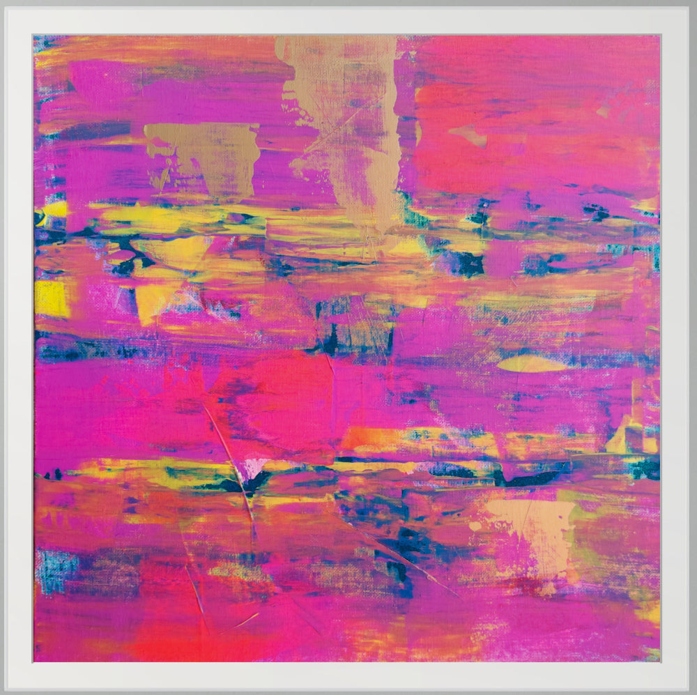Pink, blue and yellow abstract print