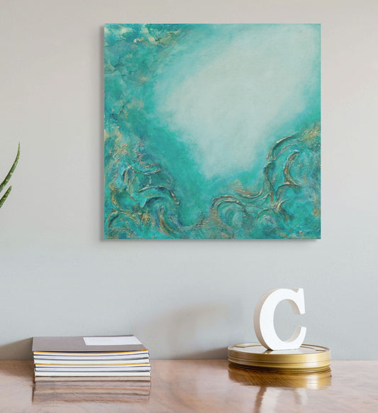 Teal abstract painting on a wall above a wooden surface with books and a decorative letter From the Depths, Original Canvas Painting