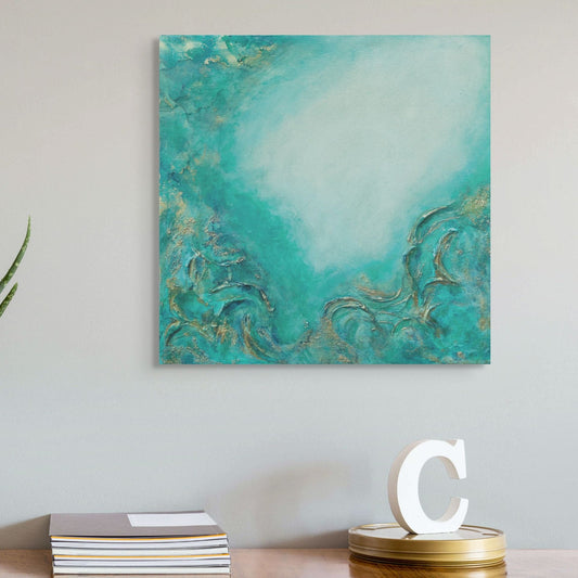 Teal abstract painting on a wall above a wooden surface with books and a decorative letter From the Depths, Original Canvas Painting