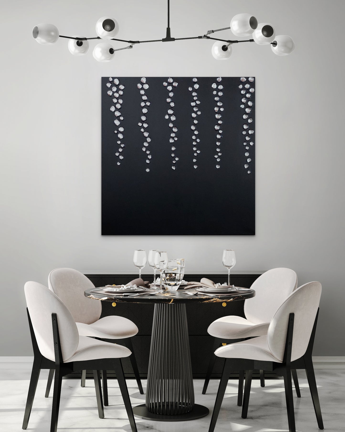silver Droplets | Abstract Textured Silver & Black Canvas Artwork | Minimalist Black Art | Contemporary Silver Leaf | Textured Hand Painted Canvas and black droplets on canvas