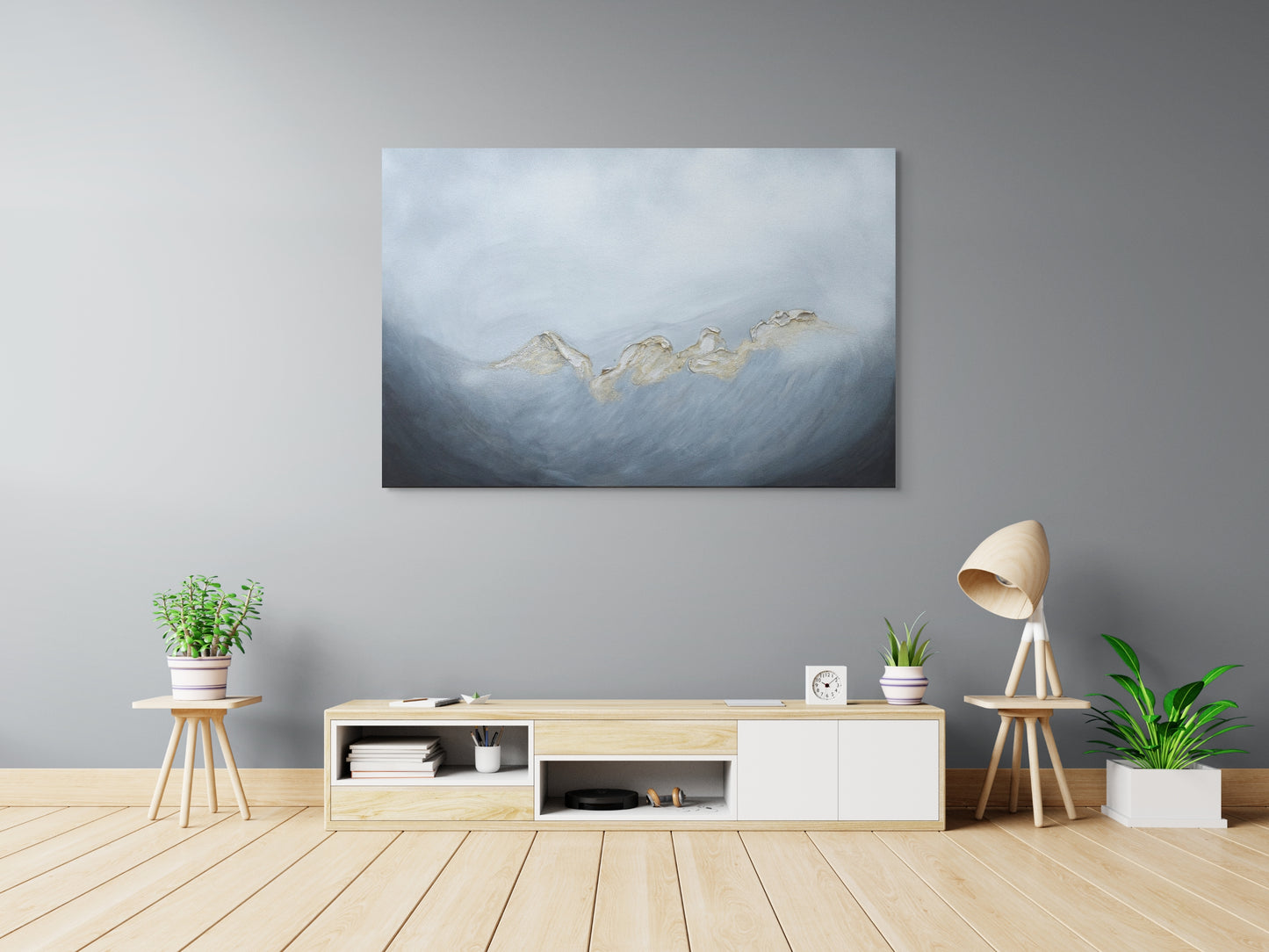 Acrylic & ink canvas art, abstract seascape grey, gold, black metallic, living room wall art
