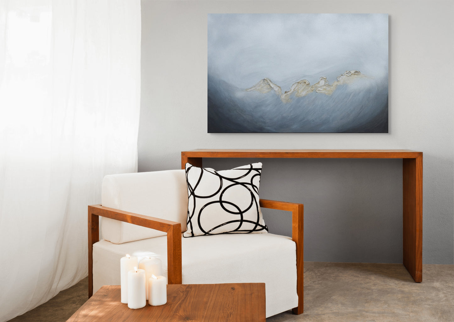 Acrylic & ink canvas art, abstract seascape grey, gold, black metallic, living room wall art