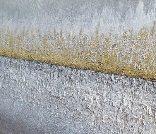 Abstract art with a gold stripe on a textured gray background Earthed original canvas painting by Julie Bevan.