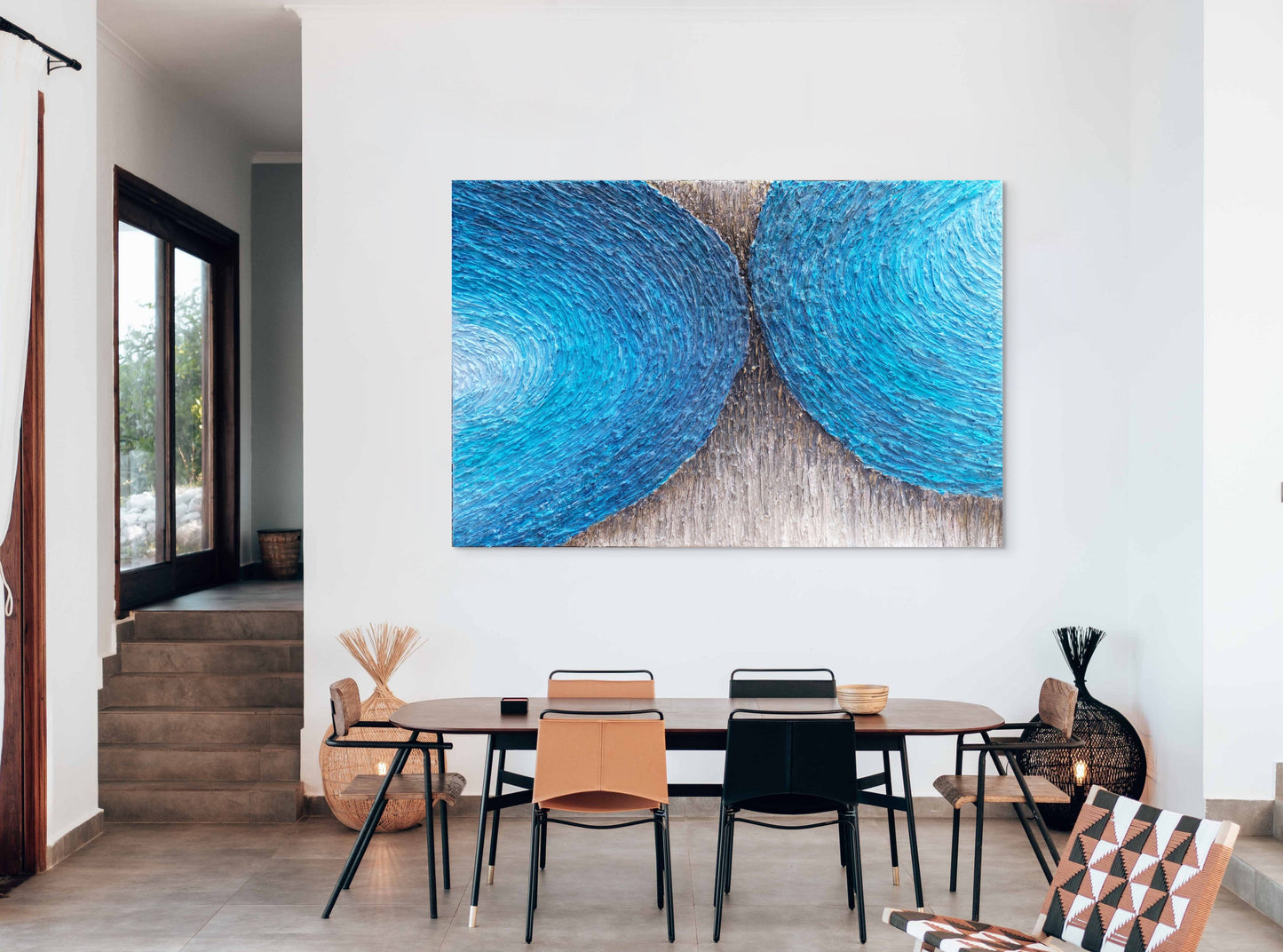 highly texture chalk, acrylic paint canvas artwork in shades of blue, black and cream, titled Flow