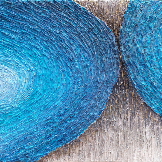 highly texture chalk, acrylic paint canvas artwork in shades of blue, black and cream, titled Flow
