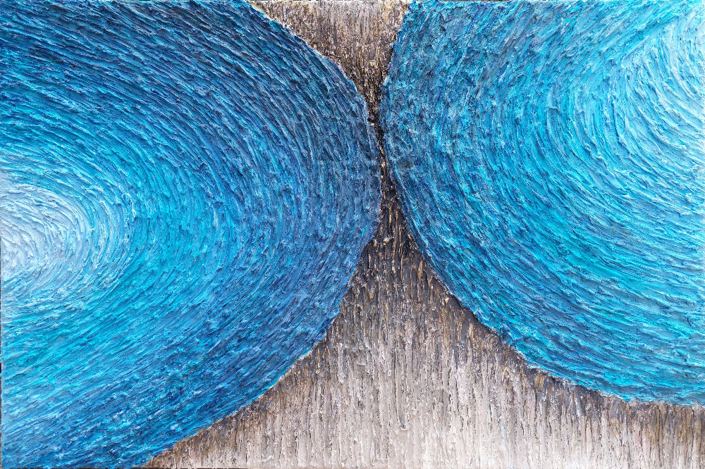 highly texture chalk, acrylic paint canvas artwork in shades of blue, black and cream, titled Flow