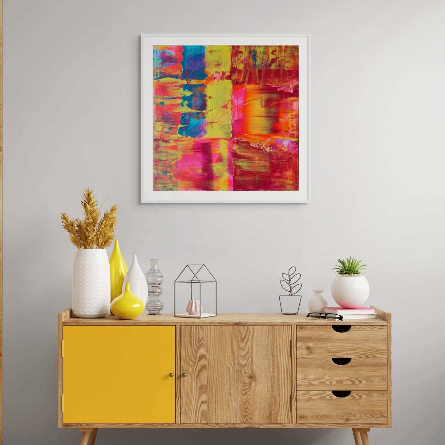 Red, blue, yellow and pink abstract fine art print, Flurry
