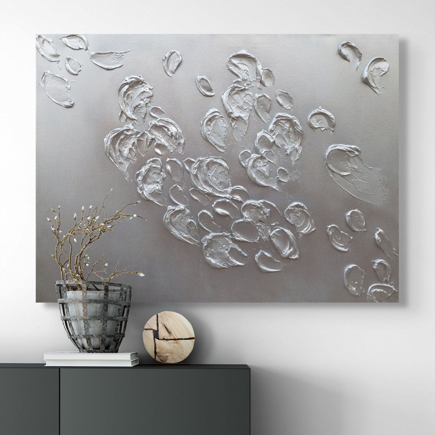 Frozen, Original 3D Canvas Painting, textured silver shown in a living space