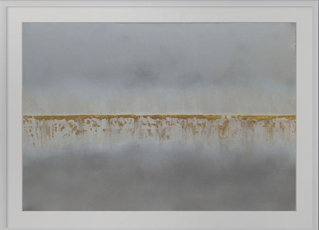 Abstract art piece with a horizontal gold line on a gray background