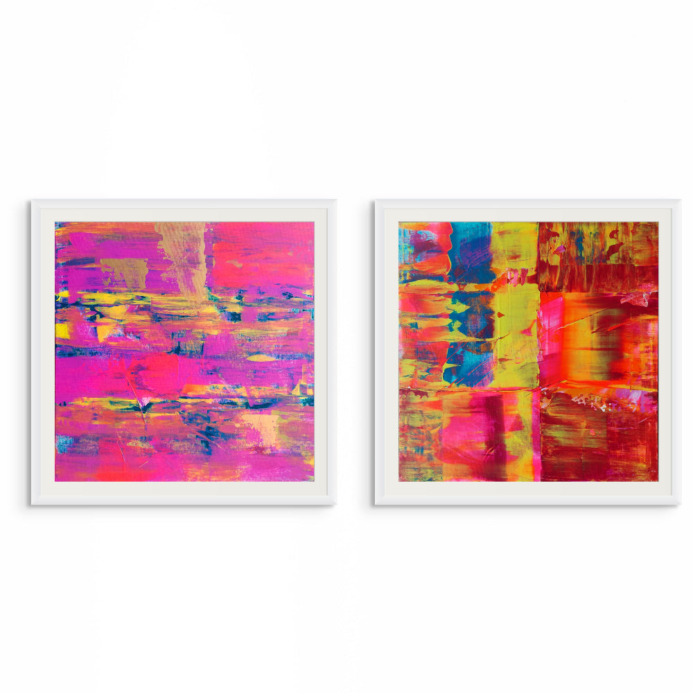 Two abstract art prints with vibrant colors on a white background